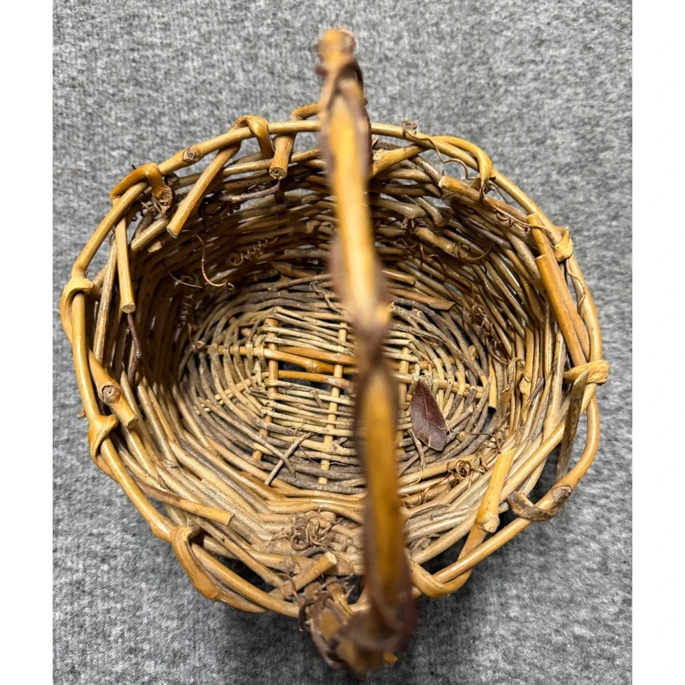 Small Rustic Grapevine Woven Basket w/ Handle and Plastic Liner Brown Farmhouse